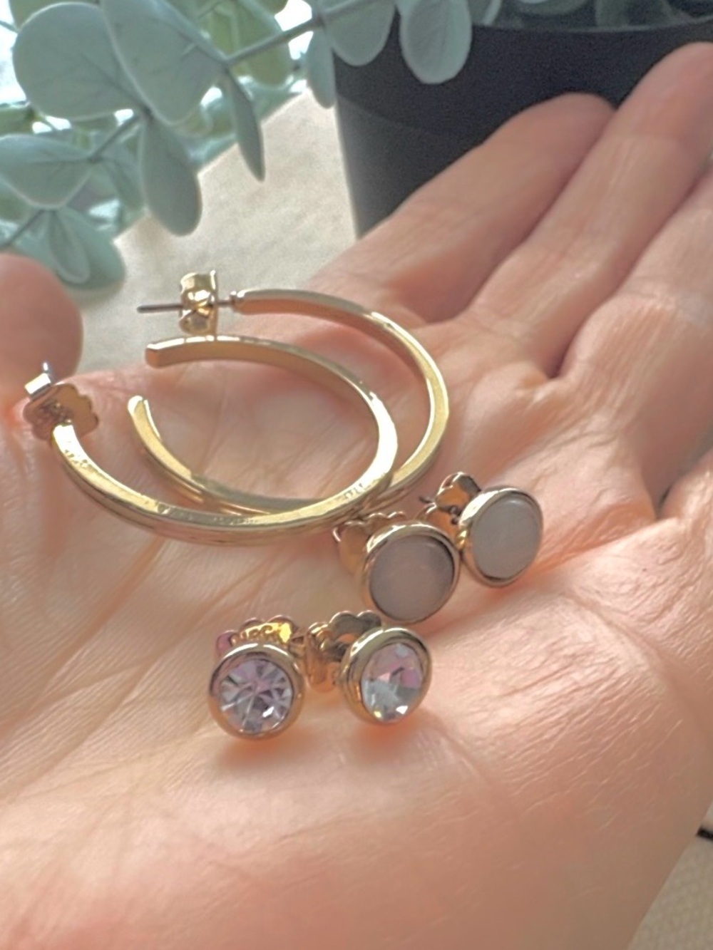 Vintage Avon Gold Tone Hoop & Stud 3-Pair Earring Set Rhinestone